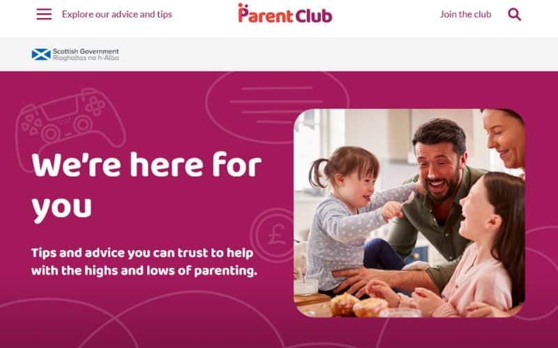 Parent Club website with image of a family of four